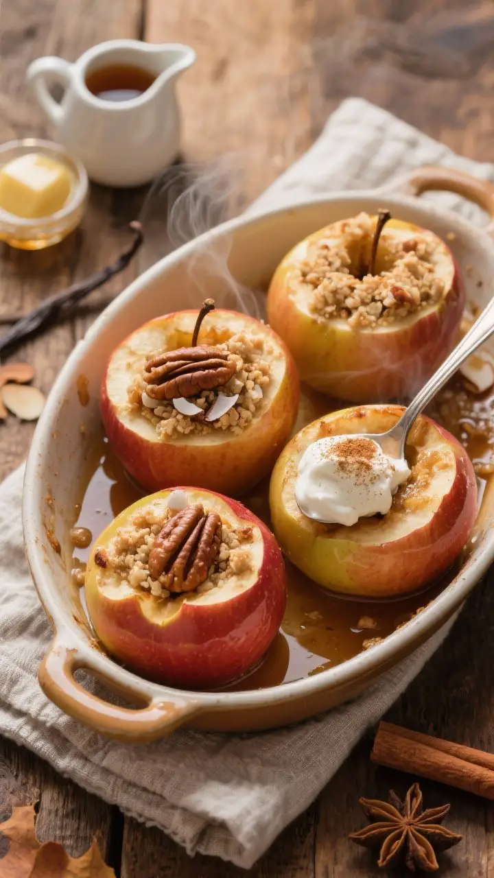 An overhead flat-lay of four Maple-Vanilla Baked Apples in a small ceramic baking dish, juices pooling at the bottom with 2–3 tablespoons of water glistening. Each cored Honeycrisp apple is stuffed and mounded with a chunky pecan–shredded coconut–almond flour crumble, speckled with cinnamon and nutmeg. A spoonful of chilled coconut cream dolloped on one apple, dusted with extra cinnamon. Props include a tiny pitcher of maple syrup, a pat of melted ghee, vanilla extract, and whole spices on a linen napkin. Warm, cozy autumnal light, rustic wood surface, steam subtly visible to emphasize just-baked tenderness.