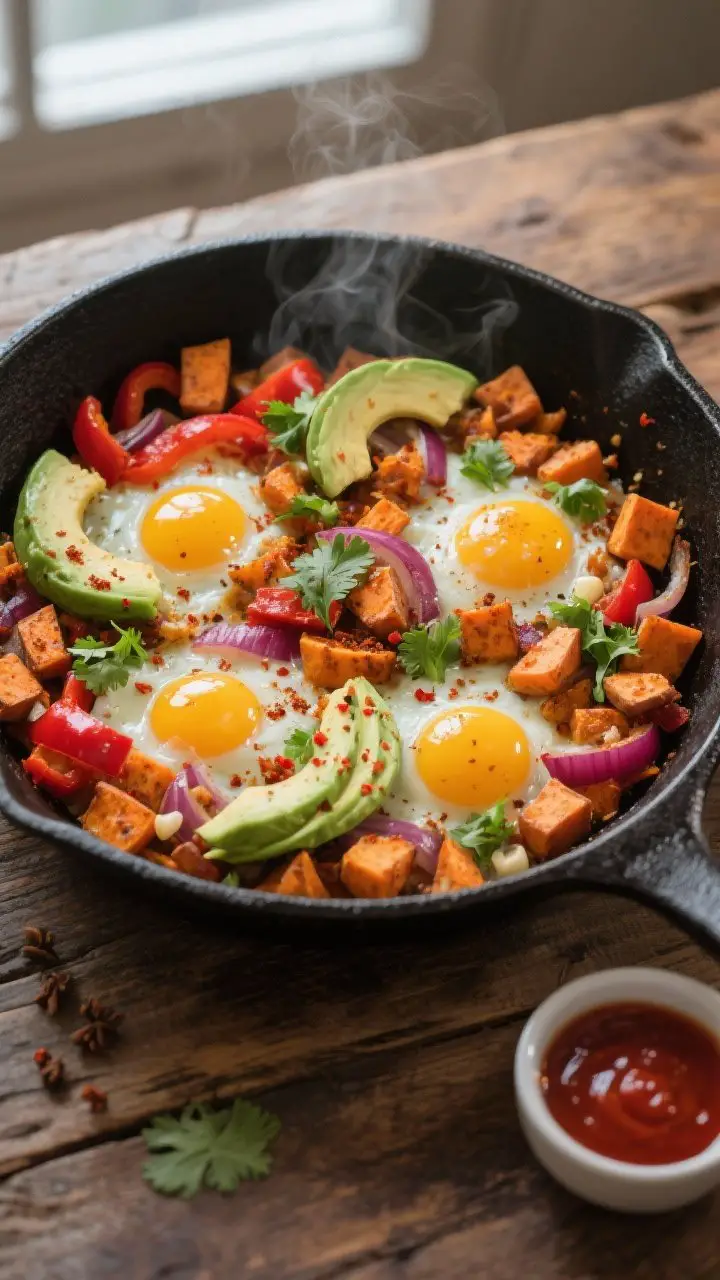 An overhead shot of a one-pan Skillet Sweet Potato Hash just off the stove: crisp-edged diced sweet potatoes, red bell pepper, and red onion seasoned with smoked paprika, cumin, and garlic powder, with four jammy eggs nestled in wells, yolks still glossy. Garnish with fanned avocado slices, chopped cilantro, and a light sprinkle of red pepper flakes; a small dish of hot sauce nearby. Styled in a black cast-iron skillet on a rustic wooden table for cozy brunch vibes, natural window light, steam faintly visible, no people.