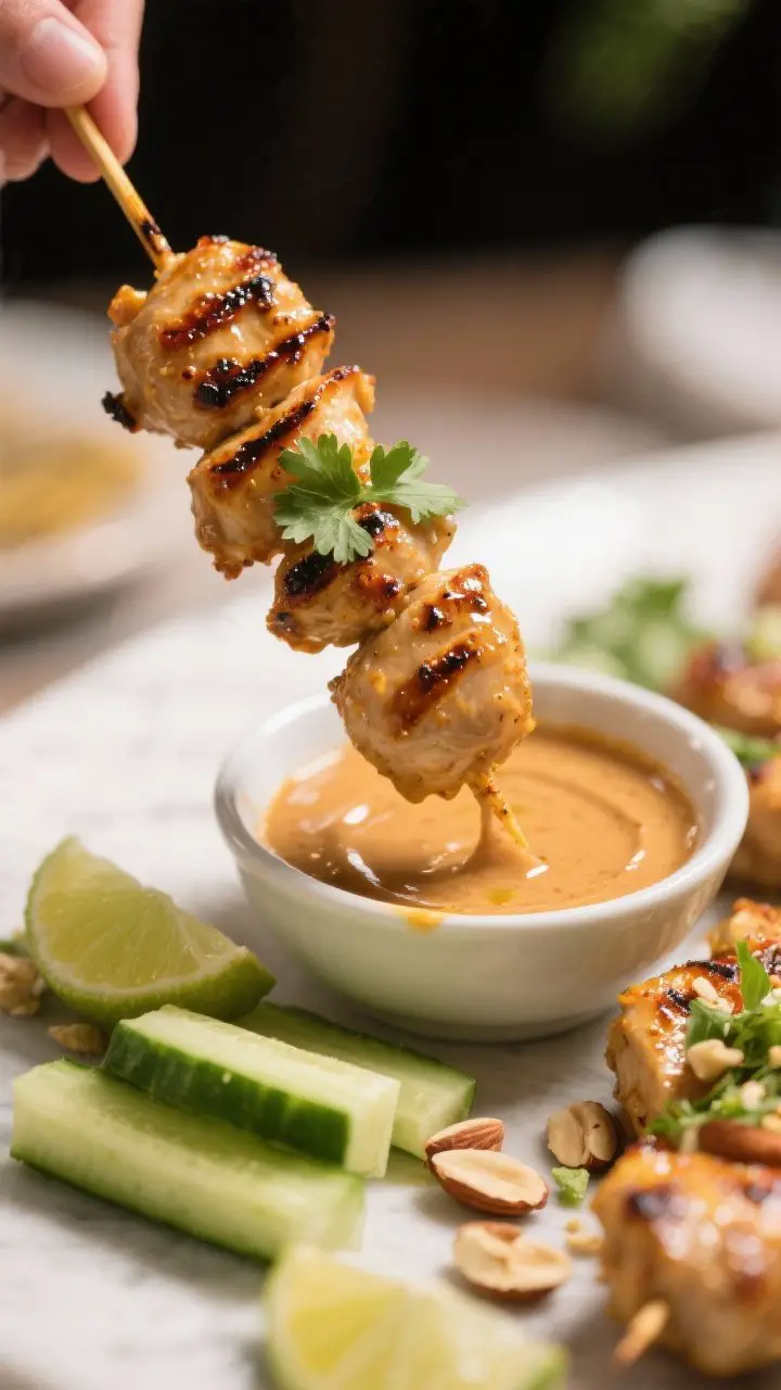 Close-up action shot of spicy almond-butter “satay” chicken skewers being served: char-kissed mini chicken skewers glistening with marinade (coconut aminos, lime, avocado oil, garlic, ginger, turmeric, salt), grill marks prominent; a small bowl of glossy almond satay dipping sauce (almond butter, coconut aminos, lime, fish sauce, a hint of honey, paleo hot sauce) thinned to a pourable sheen, garnished with chopped cilantro and crushed almonds; cucumber sticks and lime wedges in soft focus, warm directional light to highlight texture.