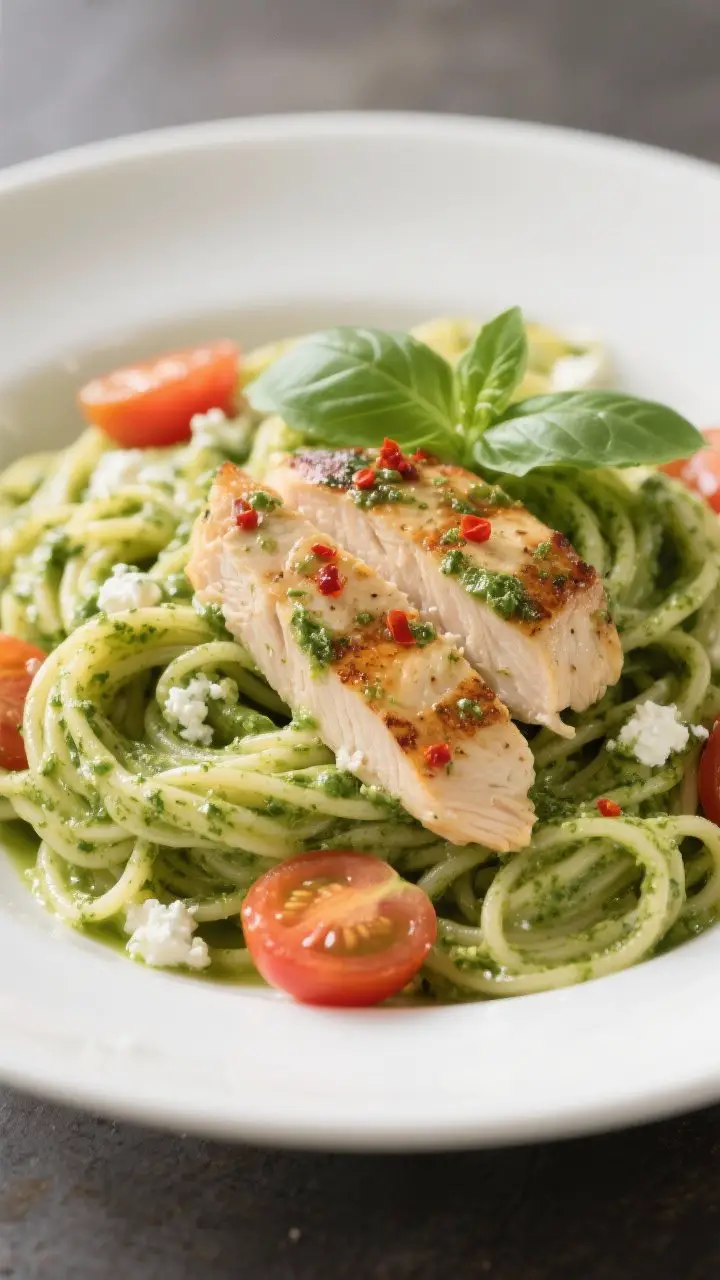 Close-up plated twirl of Cottage Cheese Pesto Pasta with Grilled Chicken: al dente high-fiber pasta coated in silky, bright-green pesto blended from low-fat cottage cheese, fresh basil, garlic, Parmesan, lemon juice, and olive oil; juicy slices of simply grilled chicken breast folded in with halved cherry tomatoes; a few red pepper flakes sprinkled on top, light gloss from pasta water emulsion; elegant white shallow bowl, soft directional light highlighting creamy texture and vibrant herbs.
