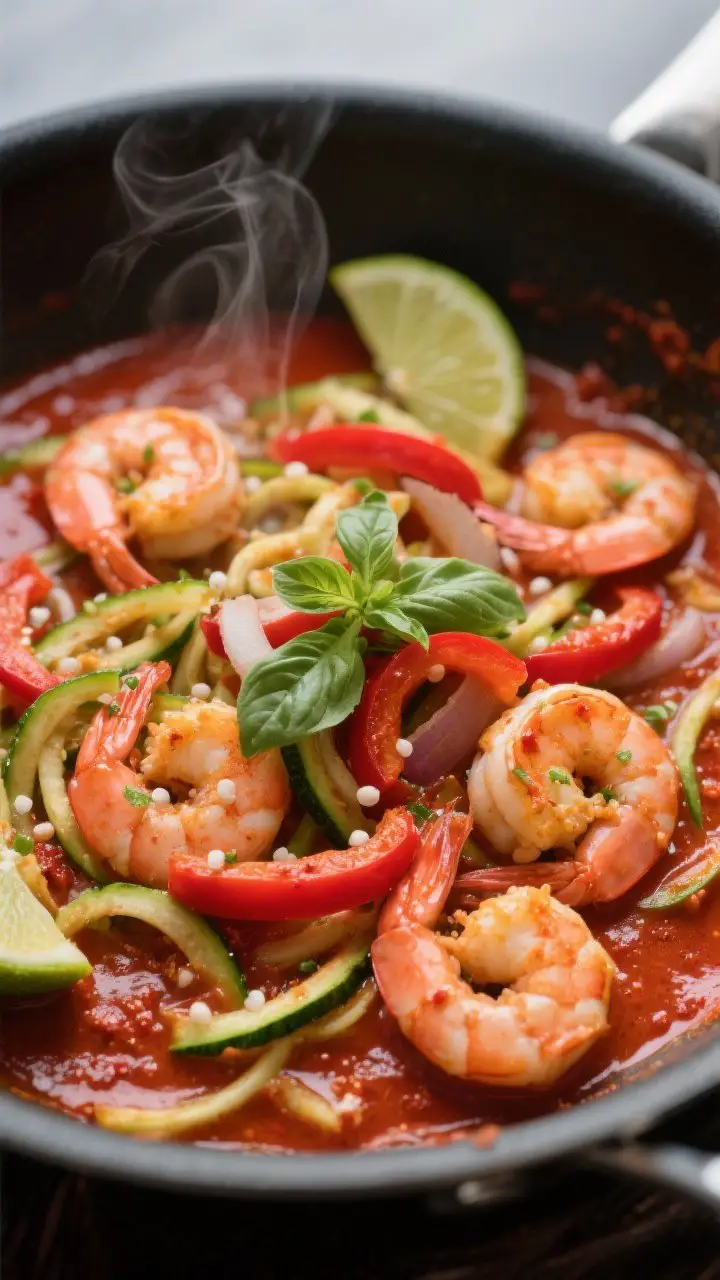 Close-up skillet shot of Coconut-Curry Shrimp with Zoodles and Lime: plump pink shrimp nestled in a silky red curry coconut sauce with visible red curry paste sheen; thin slices of red bell pepper and onions, ribbons of zucchini zoodles just-tender and springy; micro-beads of coconut fat glistening, steam rising; garnished with torn basil or cilantro and a sprinkle of lime zest, lime wedges on the rim; captured straight-on to highlight saucy depth and luscious texture, saturated yet natural color.