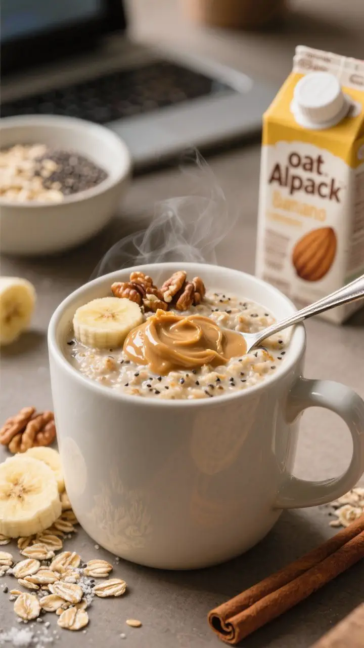 Close-up, straight-on shot of a Cinnamon-Banana Oatmeal Cup in a large microwave-safe mug: thick and creamy rolled oats studded with mashed banana and chia, with visible cinnamon swirls and a glossy spoonful of peanut butter melting on top; a few walnut pieces and extra banana slices as optional garnish; backdrop shows a small bowl of dry “oat pack” mix (oats, cinnamon, chia, pinch of salt) and a carton of almond milk; cozy desk-breakfast mood, warm tones, shallow depth of field to capture the steamy surface and creamy texture.