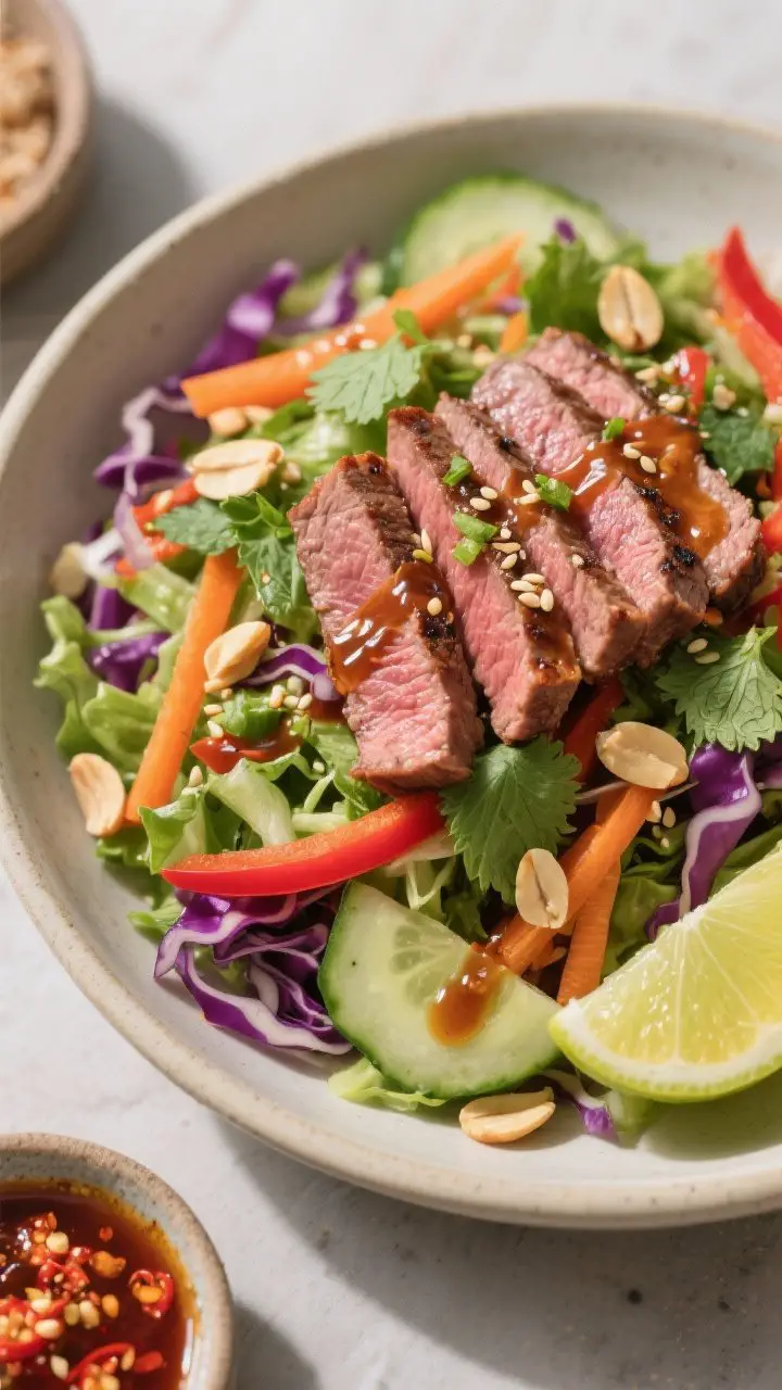 Dynamic close-up process/plated combo at 45 degrees: Thai-inspired crunch salad with chili-lime flank steak. In a large neutral bowl, a tangle of shredded green and purple cabbage, julienned carrot, red bell pepper strips, cucumber half-moons, and torn cilantro and mint. On top, thin slices of medium-rare steak with seared edges and visible lime zest, fanned across the salad. Glossy almond-chili dressing drizzled in ribbons, with chopped roasted almonds or cashews and a sprinkle of sesame seeds. Bright, zesty color palette; include a small dish of chili-garlic sauce and a halved lime to cue heat and acid. Crisp textures emphasized with sharp focus, shallow depth of field on steak and dressing gloss.