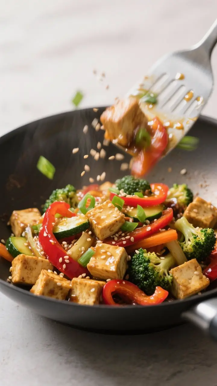 Dynamic wok action close-up of Sesame-Ginger Tofu Stir-Fry: golden-crisp tofu cubes tossed with glossy sesame-ginger sauce, bright red bell pepper strips, broccoli florets, and silky ribbons of zucchini and carrot. Light catching sesame seeds and sliced green onions sprinkled on top. Slight motion blur of a spatula, sheen from sesame oil, vibrant, high-contrast lighting, Asian-inspired minimal backdrop.