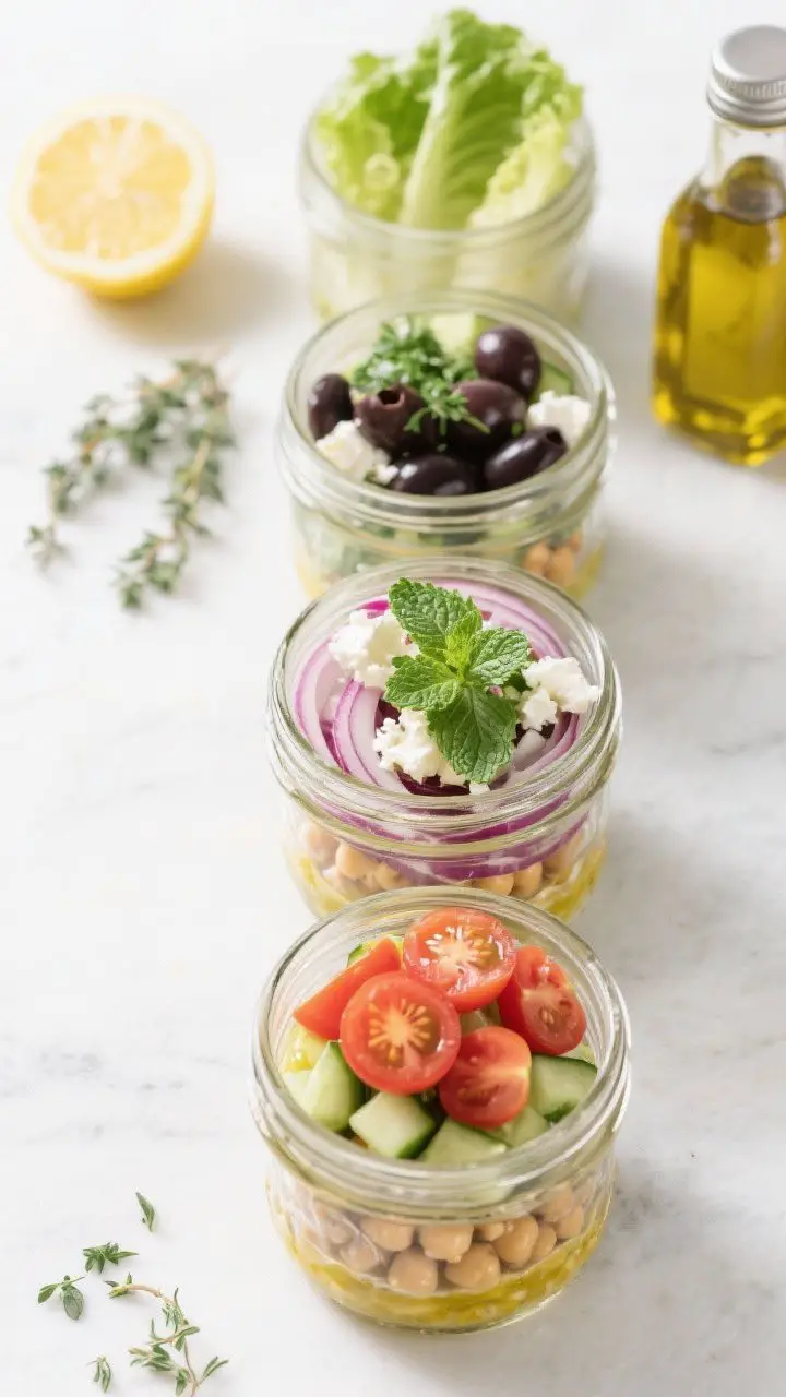 Ingredient layering jar shot for Greek Chickpea Power Salad: four wide-mouthed mason jars in a row, styled overhead, showing smart layers from bottom to top—lemon-oregano-Dijon dressing, chickpeas, thin red onion, diced cucumber, halved cherry tomatoes, kalamata olive halves, reduced-fat feta crumbles, chopped parsley and mint, and crisp romaine on top. Include a sliced lemon, oregano, and a small bottle of extra-virgin olive oil nearby. Bright Mediterranean vibe, clean lines.