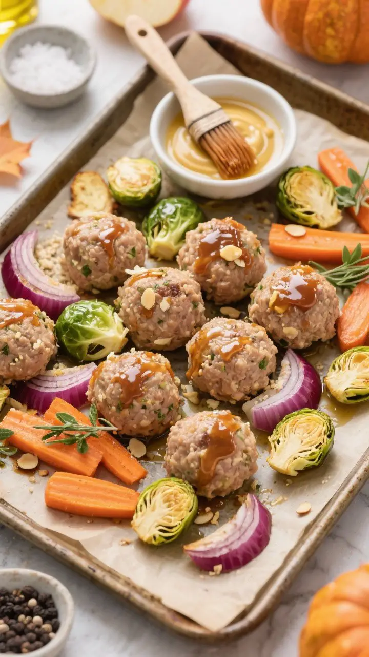 Ingredient-to-oven prep flat lay for Harvest Turkey Meatballs with Maple-Mustard Glaze and Roasted Veg: raw, formed turkey meatballs (speckled with grated apple, almond flour, parsley, sage, thyme) nestled among halved Brussels sprouts, carrot slices on a bias, and red onion wedges on a parchment-lined sheet pan; a small bowl of maple syrup, Dijon mustard, and apple cider vinegar glaze with a brush beside it; olive oil drizzle, pinch bowls of sea salt and black pepper; bright autumnal palette, overhead shot emphasizing cozy fall vibes and clean paleo ingredients.