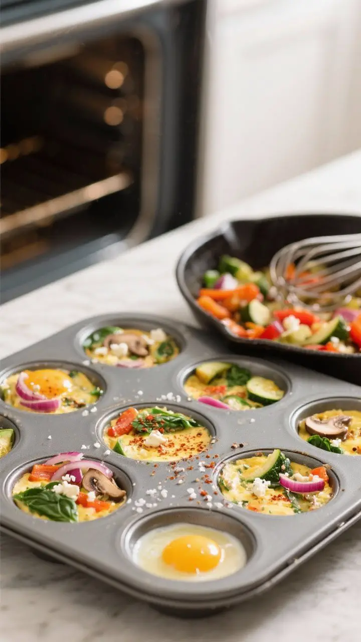 Ingredient-to-oven process shot at a 45-degree angle for Make-Ahead Veggie Frittata Muffins: a sprayed 12-cup muffin tin filled 3/4 with a colorful egg mixture—beaten eggs and skim milk speckled with salt, pepper, and smoked paprika, folded with sautéed red onion, bell peppers, spinach, zucchini, and mushrooms, plus a light sprinkle of reduced-fat feta; a skillet with just-sautéed veggies cooling nearby and a whisk resting in the mixing bowl; preheated oven in soft background bokeh; vibrant colors, sharp focus on the batter’s texture, bright kitchen light.