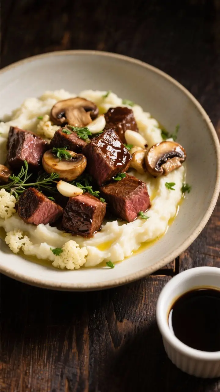 Overhead composed bowl of Balsamic Steak Bites with Garlicky Mushrooms and Cauli Mash: creamy cauliflower mash swirled with ghee in a shallow bowl; glossy balsamic- and coconut aminos–glazed steak cubes (medium-rare) piled on top, browned cremini mushroom halves mingled with bits of garlic and thyme; chopped parsley sprinkled over; a small pour-off ramekin with extra balsamic glaze nearby; dark wood surface, directional light catching the glaze to evoke steakhouse comfort.