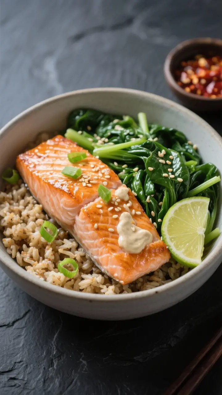 Overhead composed bowl of Miso-Ginger Salmon Bowls with Sesame Greens: glossy, oven-baked salmon fillet brushed with white miso, low-sodium soy, rice vinegar, honey, grated ginger, garlic, and sesame oil, flaking gently; arranged over a base of brown rice (or cauliflower rice) alongside sautéed baby spinach/bok choy with a pinch of salt; sprinkled with sesame seeds and thinly sliced green onions, lime wedge on the rim, tiny dish of chili crisp nearby; Japanese-inspired, clean lines, matte ceramic bowl on a dark slate surface.