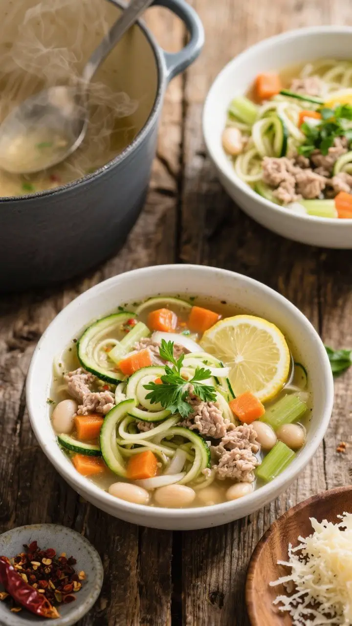 Overhead cozy bowl of Turkey and White Bean Zoodle Soup: clear, savory broth brimming with lean ground turkey, cannellini beans, spiralized zucchini noodles, diced carrots, celery, onion, and flecks of Italian seasoning. Garnish with chopped fresh parsley and a squeeze of lemon. Include a ladle in a Dutch oven and two steaming bowls on a rustic wooden table, with Parmesan and chili flakes off to the side. Warm, inviting, nourishing mood.