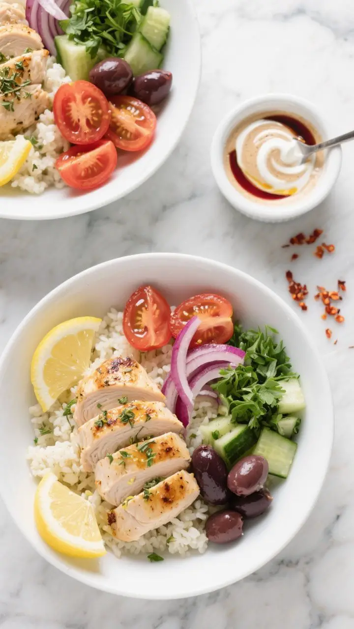 Overhead flat-lay of Lemony Greek Chicken Bowls assembled in wide white bowls: sliced seared chicken breast with visible lemon zest and oregano, fluffy cauliflower rice base, diced cucumber, halved cherry tomatoes, thin red onion, halved Kalamata olives, chopped parsley. A small ramekin of creamy Greek yogurt–tahini–red wine vinegar sauce with a spoon swirl, lemon halves, chili flakes, and a drizzle of olive oil on a cool marble surface. Bright, zesty Mediterranean mood, crisp textures, clean light.