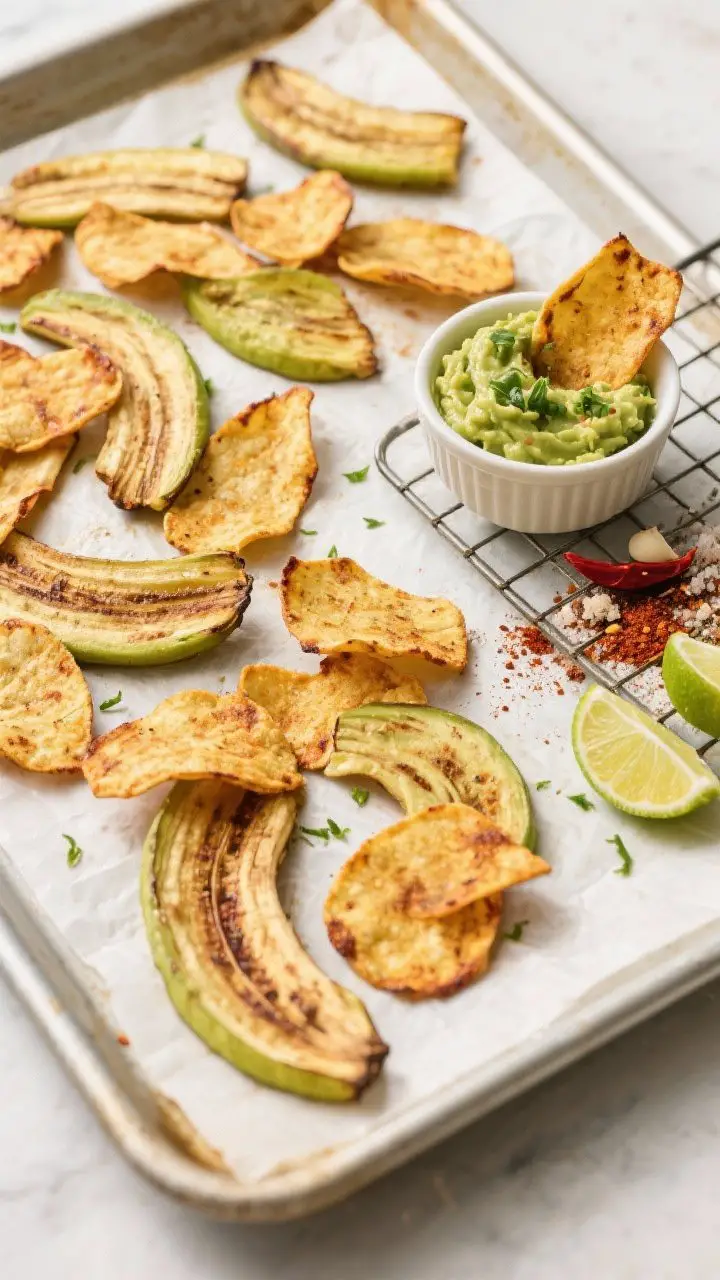 Overhead flat lay of smoky chili-lime plantain chips just out of the oven: ultra-thin golden-green plantain slices on parchment-lined baking sheets, edges lightly caramelized, a small ramekin of guacamole and a lime-cilantro avocado dip on the side, visible spices sprinkled—smoked paprika, chili powder, garlic powder, a pinch of cayenne—and fresh lime zest and wedges scattered; crisp, salty texture emphasized with a few chips lifted on a cooling rack, natural daylight, clean pantry-friendly vibe, no people.