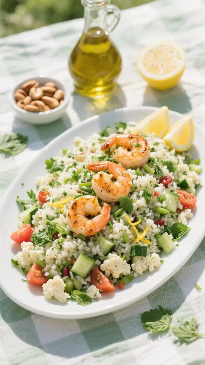 Overhead ingredient-forward plated scene: Herby cauliflower “tabbouleh” mounded on a wide platter—fine cauliflower rice speckled densely with parsley and mint, diced cucumber and seeded tomatoes, thinly sliced green onion, lemon zest glints, all lightly glossed with olive oil and lemon juice. Off to one side, lemon-garlic shrimp just seared, slightly golden, arranged on top for presentation. Cool, bright daylight with a picnic vibe; a small bowl of toasted pine nuts nearby, lemon wedges, and a bottle of extra-virgin olive oil. The grain-free texture should read fluffy and vibrant green with juicy pops of tomato.