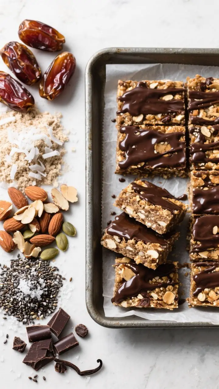 Overhead ingredient-to-final transformation of crunchy tahini-choco date bars: left side shows neat piles—Medjool dates, almond flour, shredded coconut, tahini, chopped almonds, pumpkin seeds, chia seeds, cacao nibs/dark chocolate, vanilla, sea salt—right side shows an 8x8 pan lined with parchment holding the firmly pressed slab, neatly cut bars drizzled with glossy melted dark chocolate; a few bars stacked to show chewy layers and crunchy mix-ins, cool studio lighting for sharp detail, freezer-ready, no-bake energy.