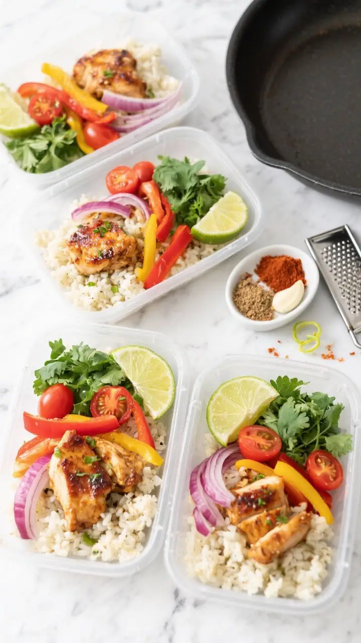 Overhead meal-prep flat lay of Chili-Lime Chicken Bowls: citrusy, caramelized chicken pieces over fluffy cauliflower rice, with crisp-tender red and yellow bell pepper strips, red onion, halved cherry tomatoes, chopped cilantro, and lime wedges. Show a nonstick skillet off to the side, a small bowl of chili powder, cumin, smoked paprika, and garlic powder, plus a zester with curls of lime zest. Bright, colorful, clean styling on a white marble surface, four containers neatly assembled, no people.