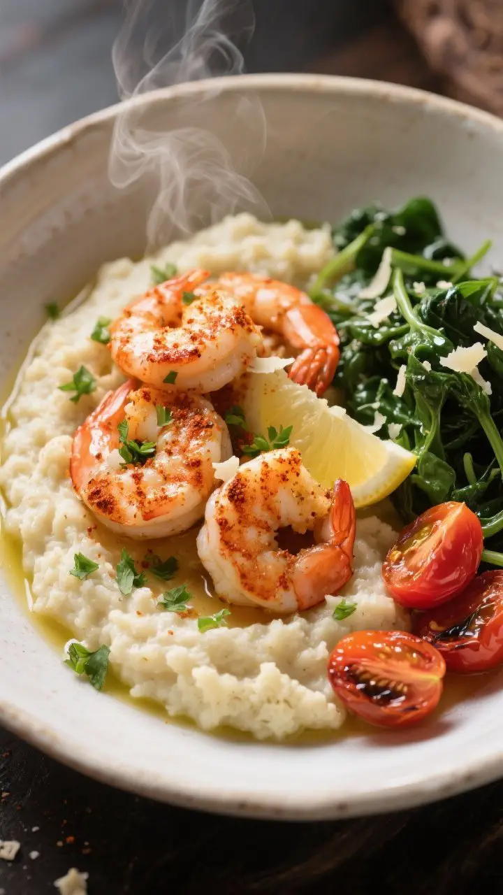 Overhead plated bowl of Smoky Paprika Shrimp Over Cauliflower Grits: juicy shrimp coated in smoked paprika, garlic powder, and a touch of cayenne atop creamy cauliflower “grits” enriched with broth, Parmesan, and lemon. Finish with chopped parsley and a light olive oil glisten. Include a side dish of blistered cherry tomatoes and sautéed spinach for extra volume. Warm, comforting tones with steam visible.