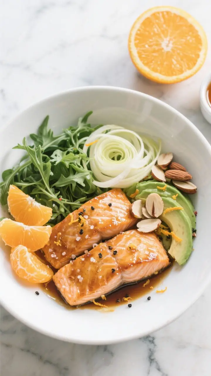 Overhead plated shot: A citrus-glazed salmon power bowl arranged in a wide white shallow bowl on a cool marble surface. Elements separated but harmonious: silky roasted salmon fillets glazed with orange-honey-ACV, glistening orange segments, ultra-thin shaved fennel curls, peppery baby arugula, creamy avocado slices, and toasted sliced almonds. Visible orange zest speckles and a light drizzle of the citrus glaze/dressing pooling around greens. Seasoning flecks of sea salt and black pepper. Bright, clean, and fresh mood with high contrast and natural daylight; include a halved orange, fennel fronds, and a small ramekin of extra glaze nearby.