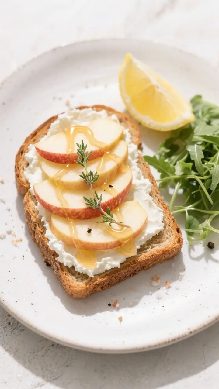 Overhead plated shot of Crisp Apple Cottage Cheese Toast on a rustic white plate: a deeply golden whole-grain toast slab generously spread with low-fat cottage cheese, neatly fanned Honeycrisp apple slices glistening with a squeeze of lemon, drizzled with thin ribbons of honey, sprinkled with fresh thyme leaves and a whisper of cinnamon, finished with a tiny pinch of flaky salt and black pepper; a small side of arugula with a lemon wedge; clean, elegant styling with bright daylight and subtle shadows.