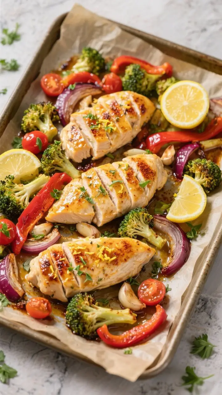 Overhead sheet-pan action shot of Zesty Lemon-Garlic Chicken with Roasted Veggie Confetti: golden, sliced boneless skinless chicken breasts glazed with lemon zest, juice, garlic, oregano, and smoked paprika, nestled among caramelized broccoli florets, red bell pepper strips, red onion wedges, and burst cherry tomatoes on parchment-lined pan; visible lemon halves and fresh parsley, glistening pan juices, lightly charred edges, bright and healthy mood, 425°F oven-roast vibe, professional lighting on a neutral stone surface.