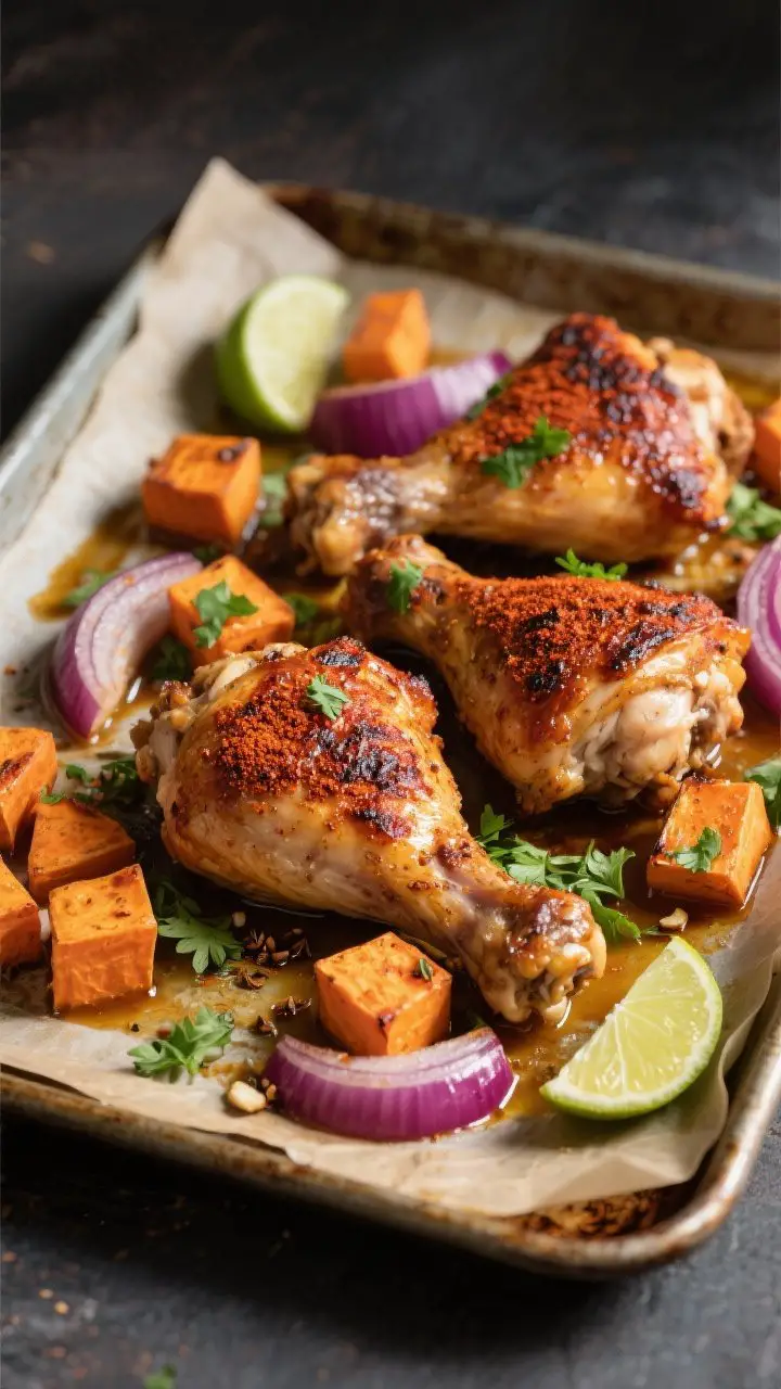 Overhead sheet-pan scene of Smoky Chipotle Chicken Thighs with Roasted Sweet Potatoes: bone-in, skin-on chicken thighs with deeply browned, blistered skin dusted with smoked paprika, chipotle chili powder, cumin, garlic powder, and oregano; caramelized 1-inch sweet potato cubes and thick red onion wedges around them, glossy from olive oil; lime wedges tucked in and fresh chopped cilantro scattered over; parchment-lined rimmed pan on a rustic baking sheet, slight pan drippings pooling under the chicken; bright, moody lighting to emphasize crispy textures and smoky warmth, no people, minimal props.