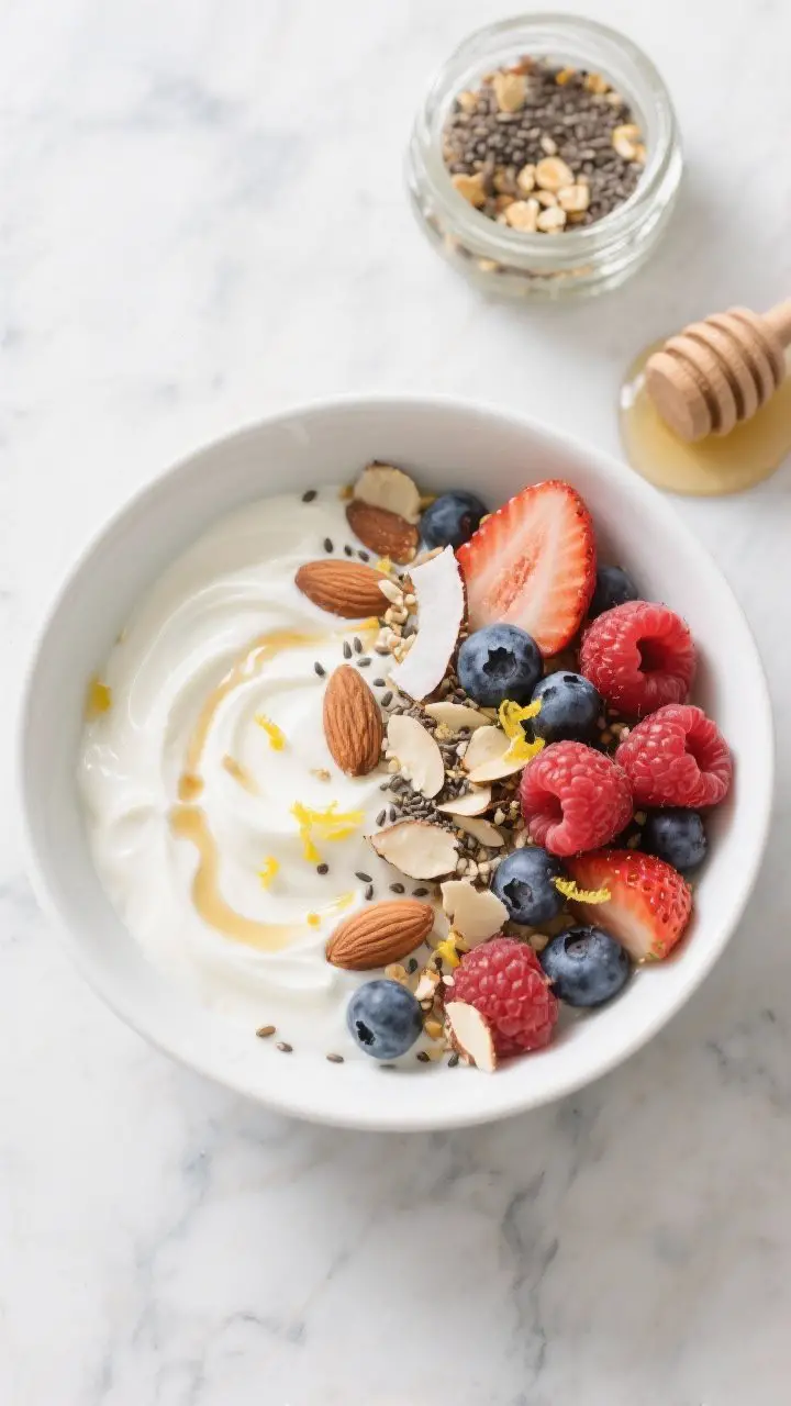 Overhead shot of a Five-Minute Berry Yogurt Bowl in a white ceramic bowl on a cool marble surface: silky plain nonfat Greek yogurt swirled with vanilla and a pinch of cinnamon, topped with a mix of fresh strawberries, blueberries, and raspberries, drizzled lightly with honey, and finished with a “magic dust” sprinkle of sliced almonds, chia seeds, and unsweetened toasted coconut flakes; optional flecks of bright lemon zest on top; side props include a small jar of the pre-mixed crunchy topping and a honey dipper, clean bright morning light, crisp and fresh styling, high contrast to emphasize textures from creamy yogurt to crunchy toppings.