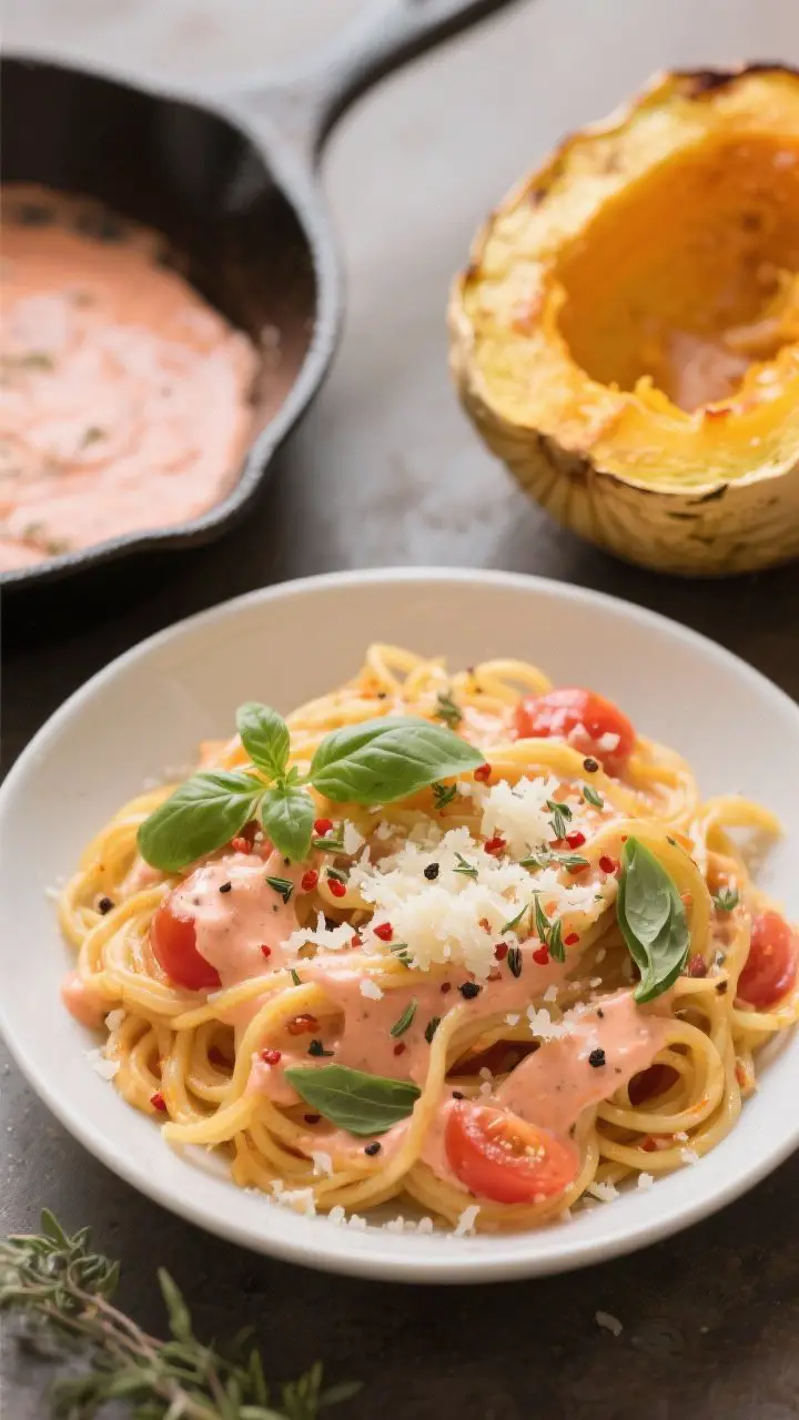 Overhead twirl-worthy scene of Creamy Tomato-Basil Spaghetti Squash: golden roasted spaghetti squash strands tossed in a rosy tomato–Greek yogurt sauce speckled with oregano and red pepper flakes, ribbons piled in a shallow white bowl. Fine snow of grated Parmesan “clouds,” torn fresh basil on top, black pepper flecks. The roasted squash shells and a skillet with the creamy sauce visible nearby, warm inviting tones.
