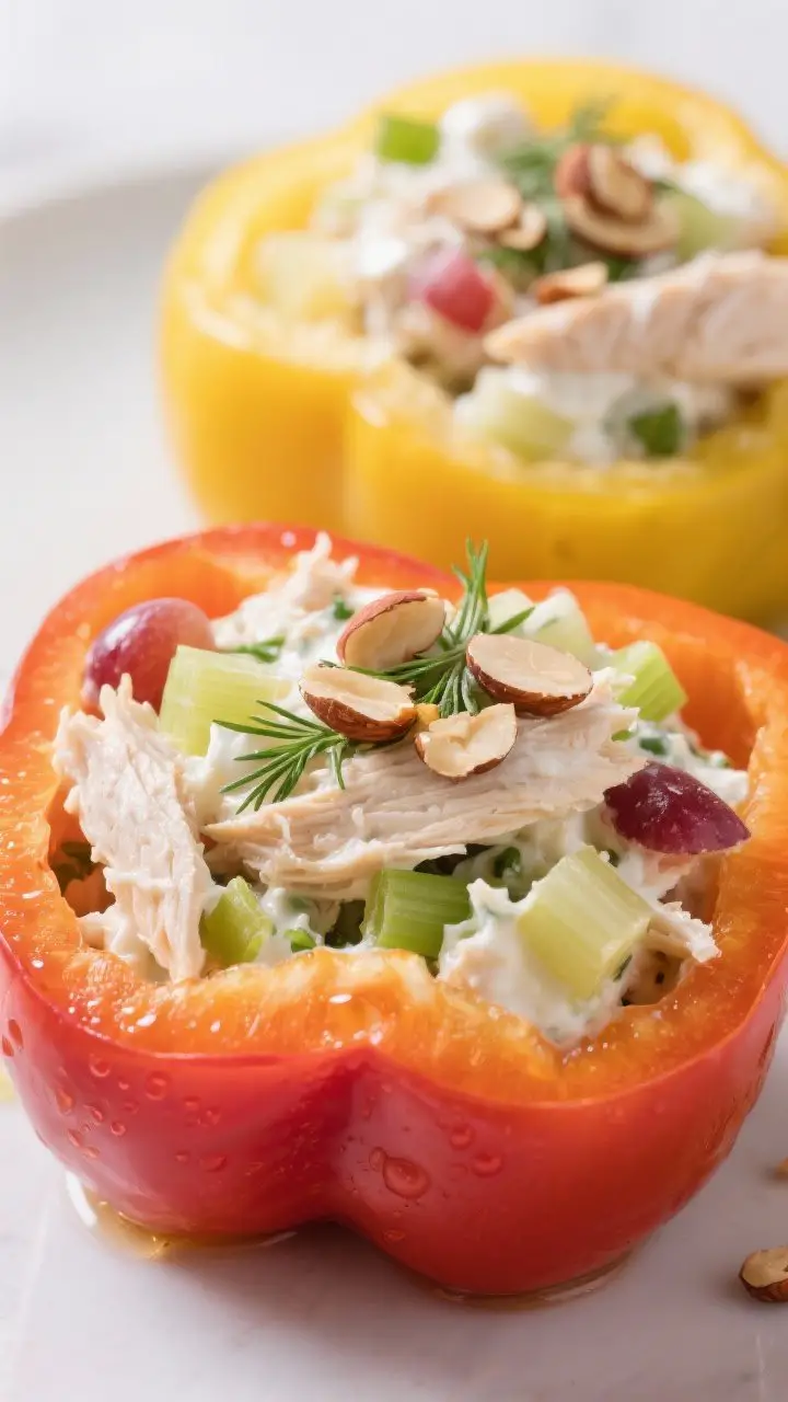Straight-on close-up of Creamy Greek Yogurt Chicken Salad Stuffed Peppers: halved red, yellow, and orange bell peppers filled generously with Greek-yogurt-based chicken salad (shredded chicken, Dijon, lemon juice, honey, finely diced celery, green onions, chopped dill, and small pops of diced apple or grapes), topped with a sprinkle of toasted sliced almonds; chilled, crisp textures with glossy peppers and creamy filling, subtle condensation on peppers, minimalist backdrop to emphasize freshness and protein.
