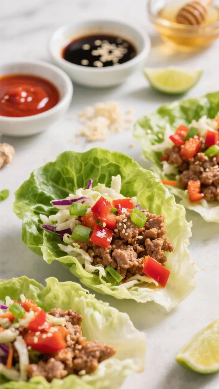 Straight-on close-up of Spicy Turkey Lettuce Wraps being assembled: butter lettuce cups filled with glossy sweet-heat lean ground turkey, finely diced red bell pepper, sliced green onions, and crunchy shredded cabbage slaw. Small bowls of sriracha, soy sauce, rice vinegar, honey, and grated ginger and garlic in the background. Garnish with toasted sesame seeds and lime wedges. Crisp textures, vibrant reds and greens, shallow depth of field.