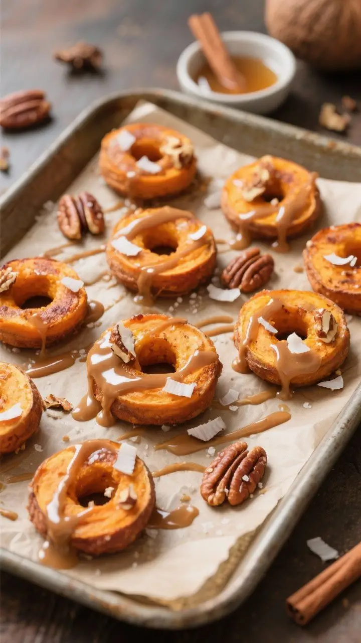 Straight-on dessert-style composition of cinnamon-roasted sweet potato “donut” bites: caramelized 1/2-inch sweet potato rounds arranged on a parchment-lined tray, draped with a glossy maple coconut drizzle (coconut butter, maple syrup, pinch of cinnamon and sea salt) that’s starting to set; optional “donut hole” cutouts scattered playfully, topped with chopped pecans and toasted coconut flakes; warm, cozy tones with visible cinnamon and nutmeg in a pinch bowl, inviting, bakery-like mood.