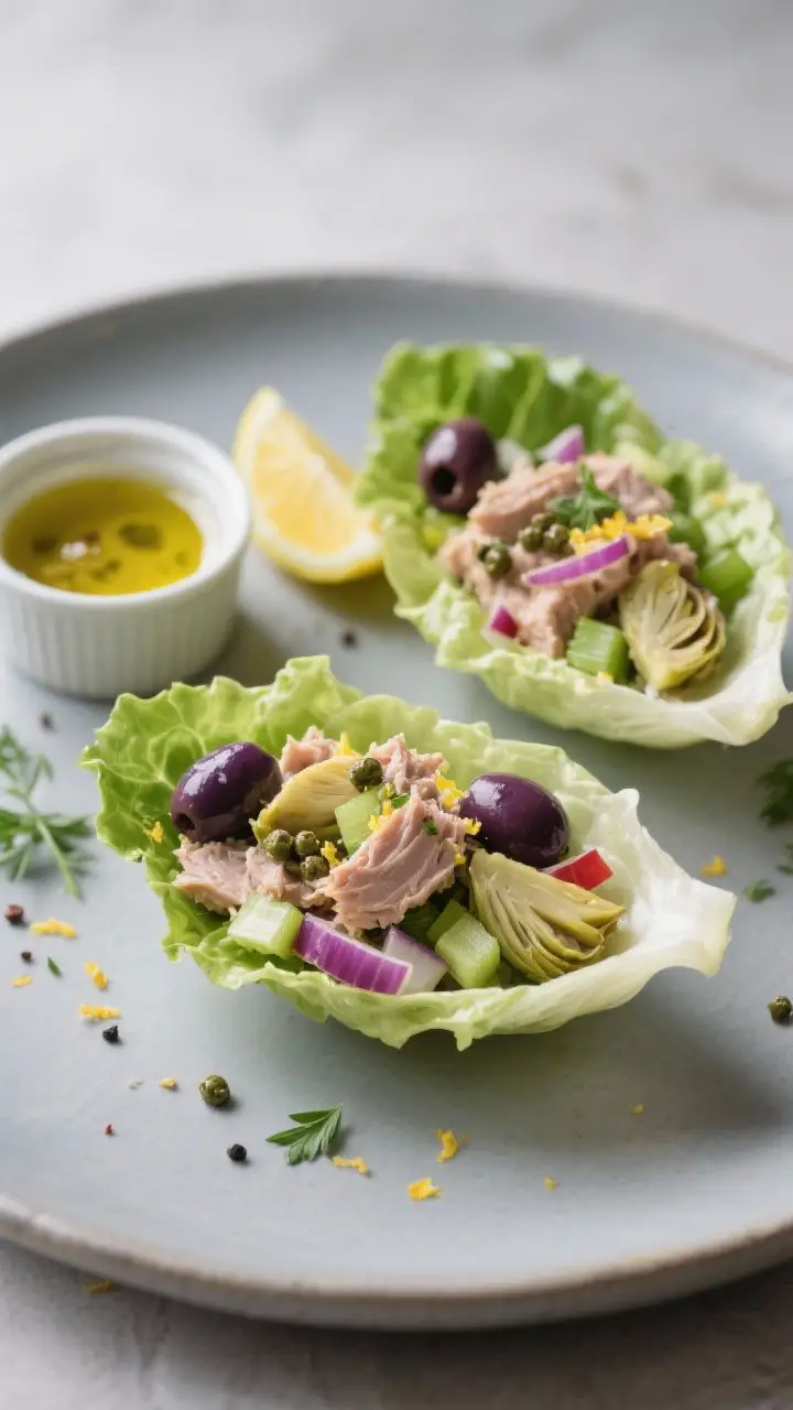 Straight-on minimalist presentation: Mediterranean olive & artichoke tuna salad boats. Butter lettuce leaves cupped and filled with chunky tuna dressed in lemon-olive oil-Dijon, dotted with chopped Kalamata olives, marinated artichoke hearts, finely diced celery, minced red onion, and capers, finished with lemon zest, oregano, black pepper, and a whisper of parsley. Set on a matte platter with a clean backdrop; a small ramekin of extra dressing and a sliced lemon in frame. Emphasize briny gloss, crisp lettuce, and contrasting purples/greens for a fresh, lunch-ready look.