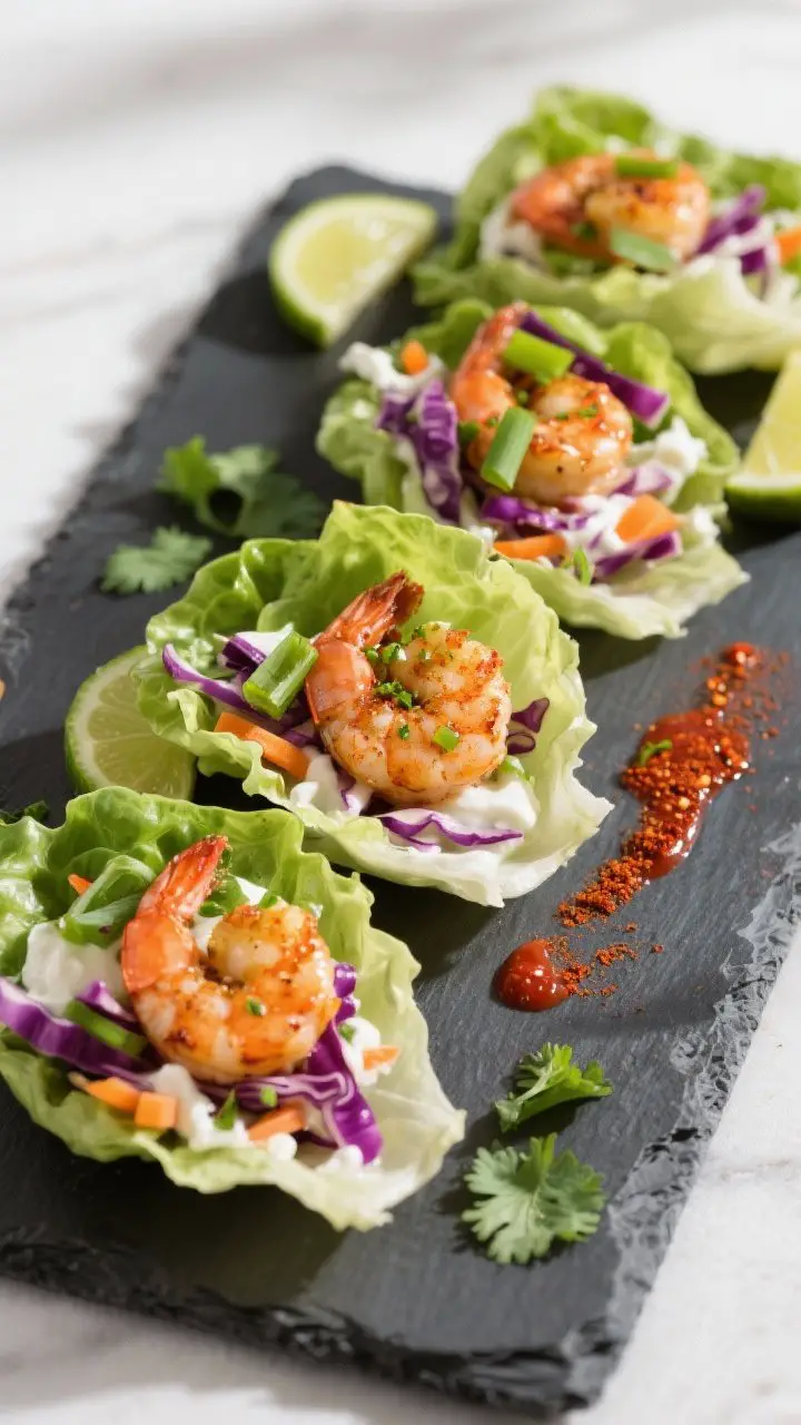 Straight-on plated presentation of Chili-Lime Shrimp Lettuce Wraps: butter lettuce cups filled with purple cabbage and carrot slaw bound with Greek yogurt and light mayo, topped with chili-cumin-smoked paprika shrimp glistening with lime zest. Extra cilantro, thin green onion slices, a drizzle of hot sauce, and lime wedges scattered on a slate board. Fresh, punchy colors, crisp textures, bright daytime light.