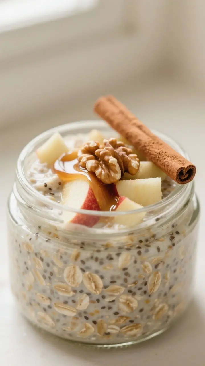 Close-up detail: A chilled jar of overnight oats with flaxseed and apple just opened, creamy oats sw
