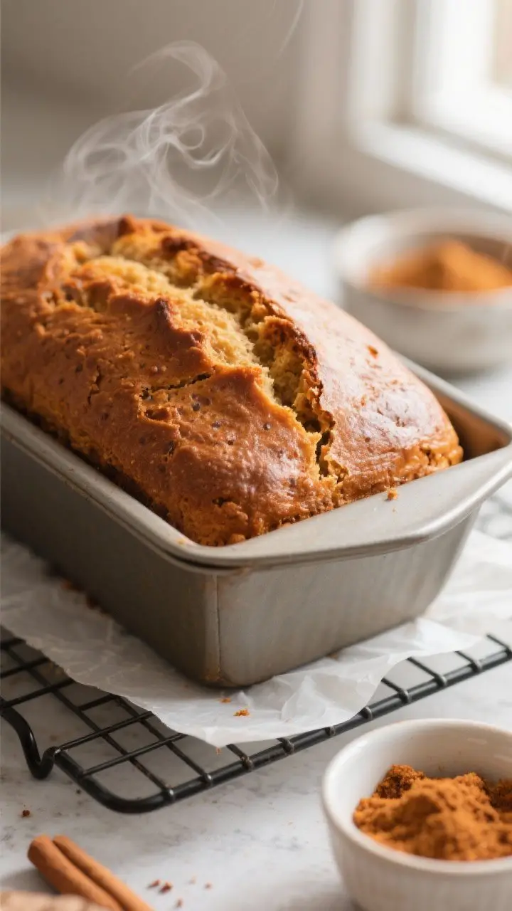 Close-up detail: A freshly baked pumpkin spice bread loaf just lifted from the pan and cooling on a