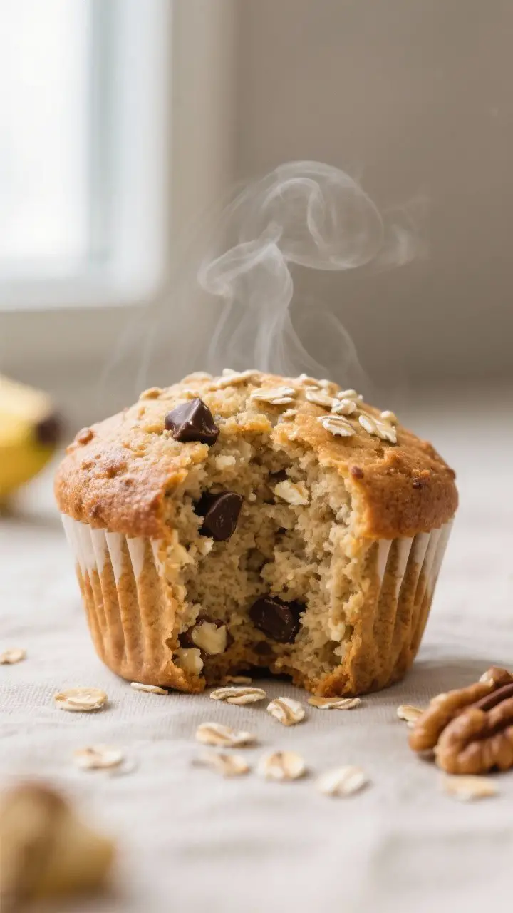 Close-up detail: A freshly baked whole wheat banana muffin torn open to reveal a moist, fluffy crumb