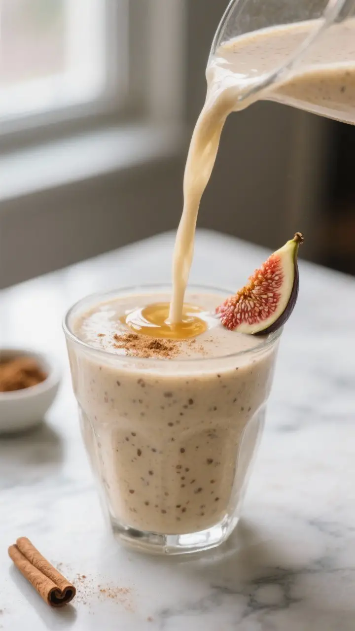 Close-up detail: A freshly blended Ginger Fig Smoothie being poured in a silky ribbon into a chilled