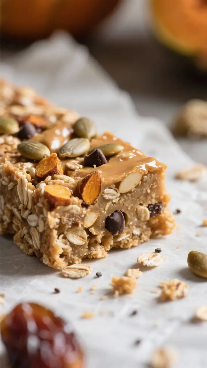 Close-up detail: A freshly sliced high-fiber energy bar with dates, oats, and seeds, showing a dense