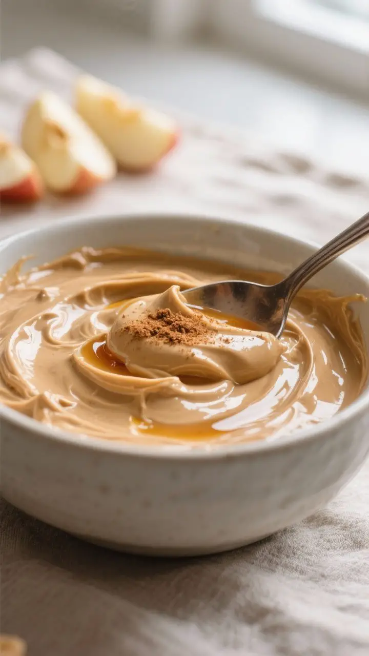 Close-up detail: A glossy, creamy peanut butter–Greek yogurt dip being stirred to silky smoothness