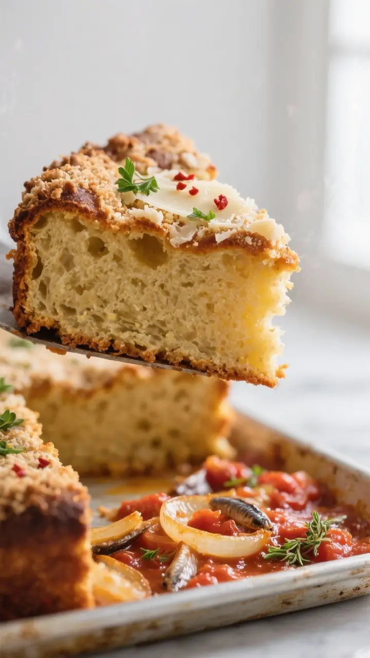 Close-up detail: A just-baked sfincione slice lifted from a well-oiled sheet pan, showing its tall,