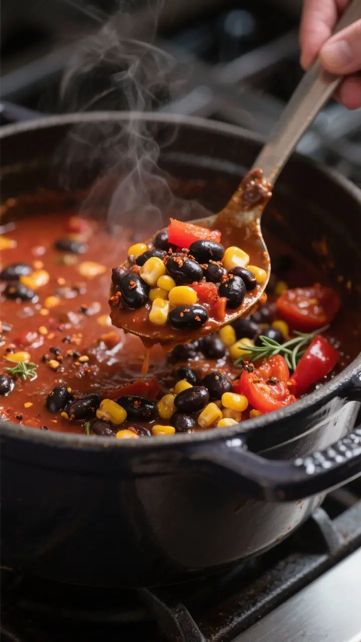 Close-up detail: A ladle lifting glossy black bean and corn chili from a simmering Dutch oven, showi