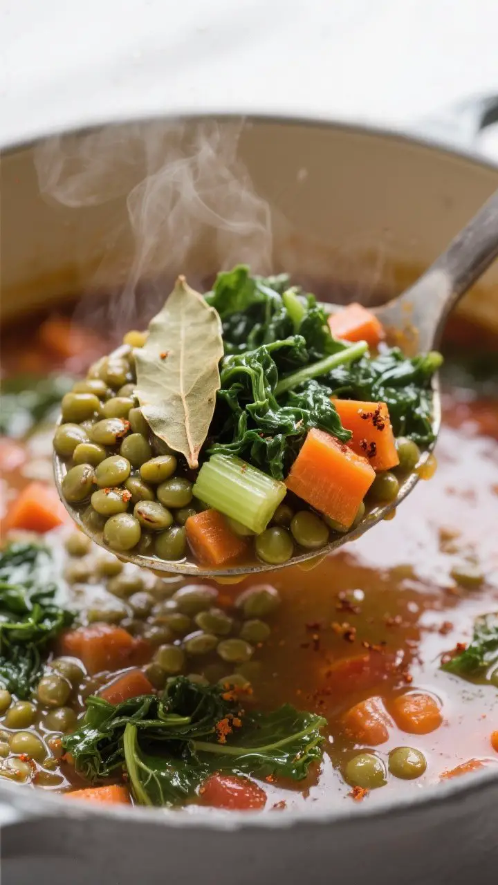 Close-up detail: A ladle lifting hearty green lentil and kale soup from a Dutch oven during the simm