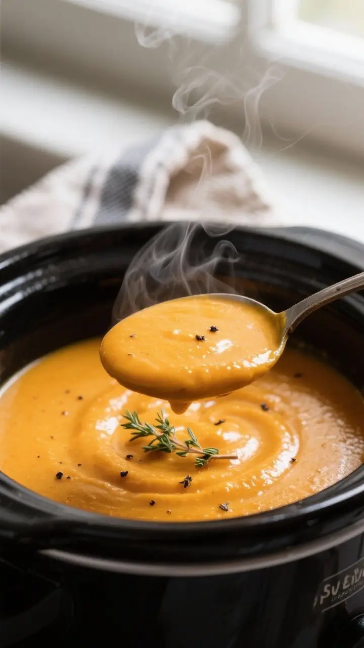 Close-up detail: A ladle lifting silky, blended butternut squash soup straight from the crockpot, st