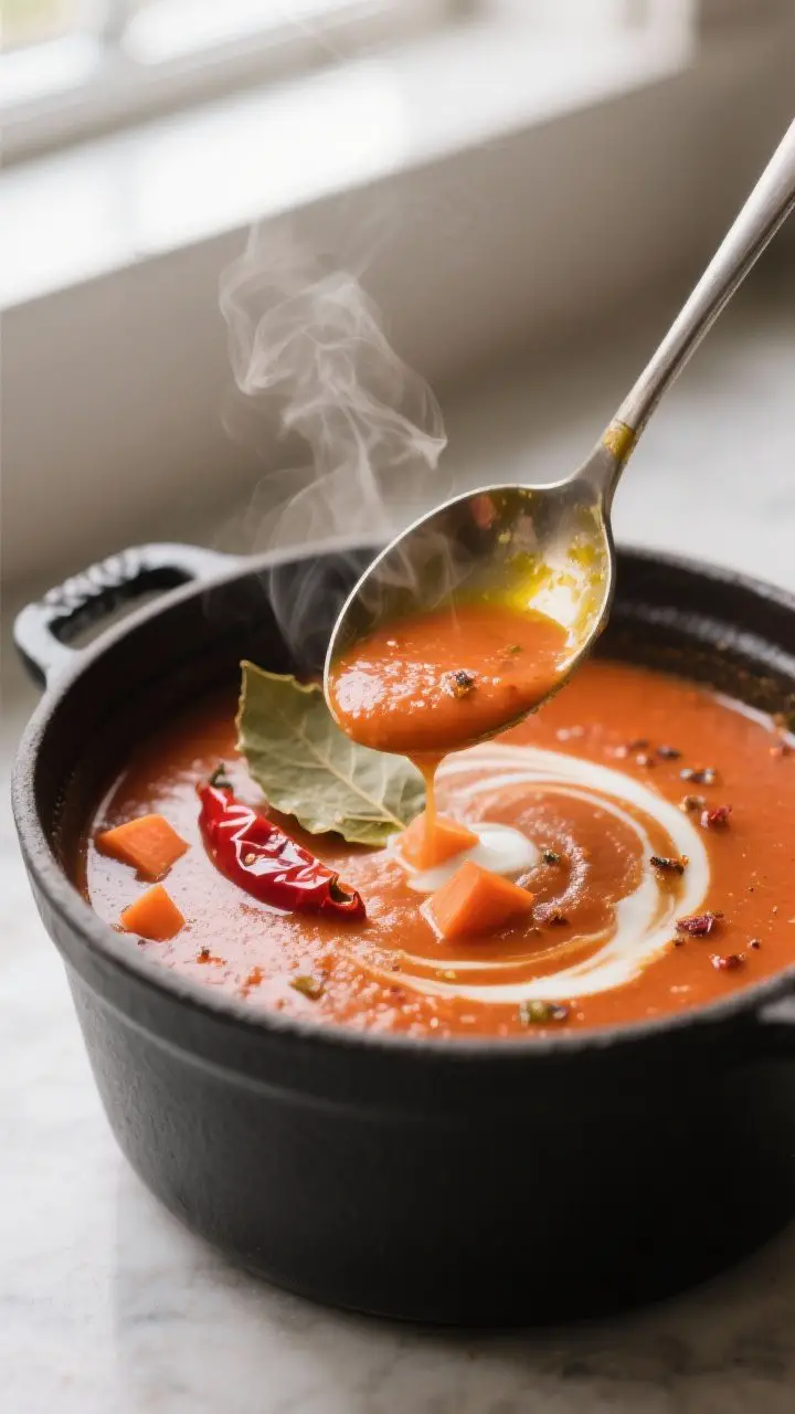 Close-up detail: A ladle lifting silky Smoky Three-Pepper & Tomato Soup from a matte black Dutch ove