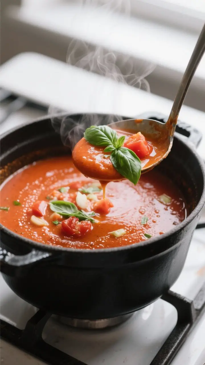 Close-up detail: A ladle lifting silky tomato basil soup from a Dutch oven mid-simmer, showing velve