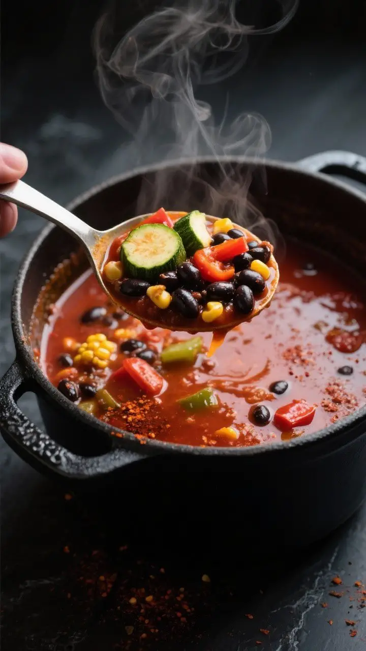 Close-up detail: A ladle lifting Spicy Black Bean & Vegetable Chili Soup from a Dutch oven, showing