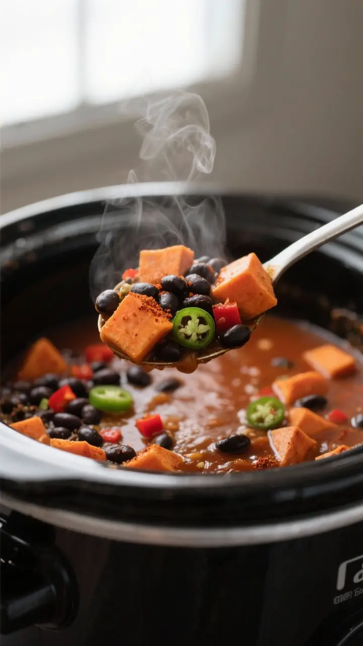 Close-up detail: A ladle lifting sweet potato and black bean crockpot stew from the slow cooker, sho