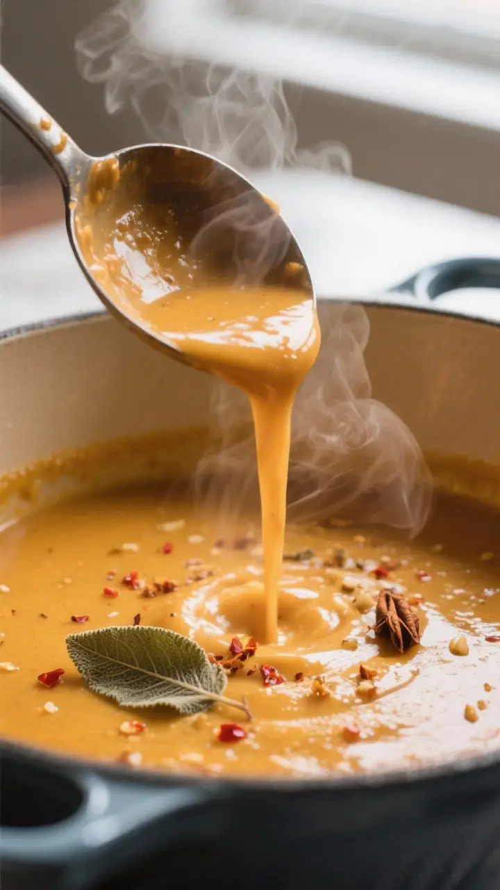 Close-up detail: A ladle pouring silky butternut squash soup back into a Dutch oven right after blen
