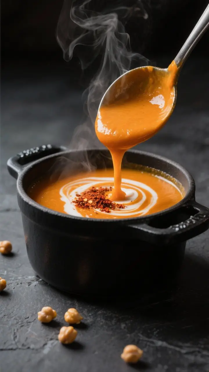 Close-up detail: A ladle pouring silky Moroccan pumpkin soup back into a matte black Dutch oven righ