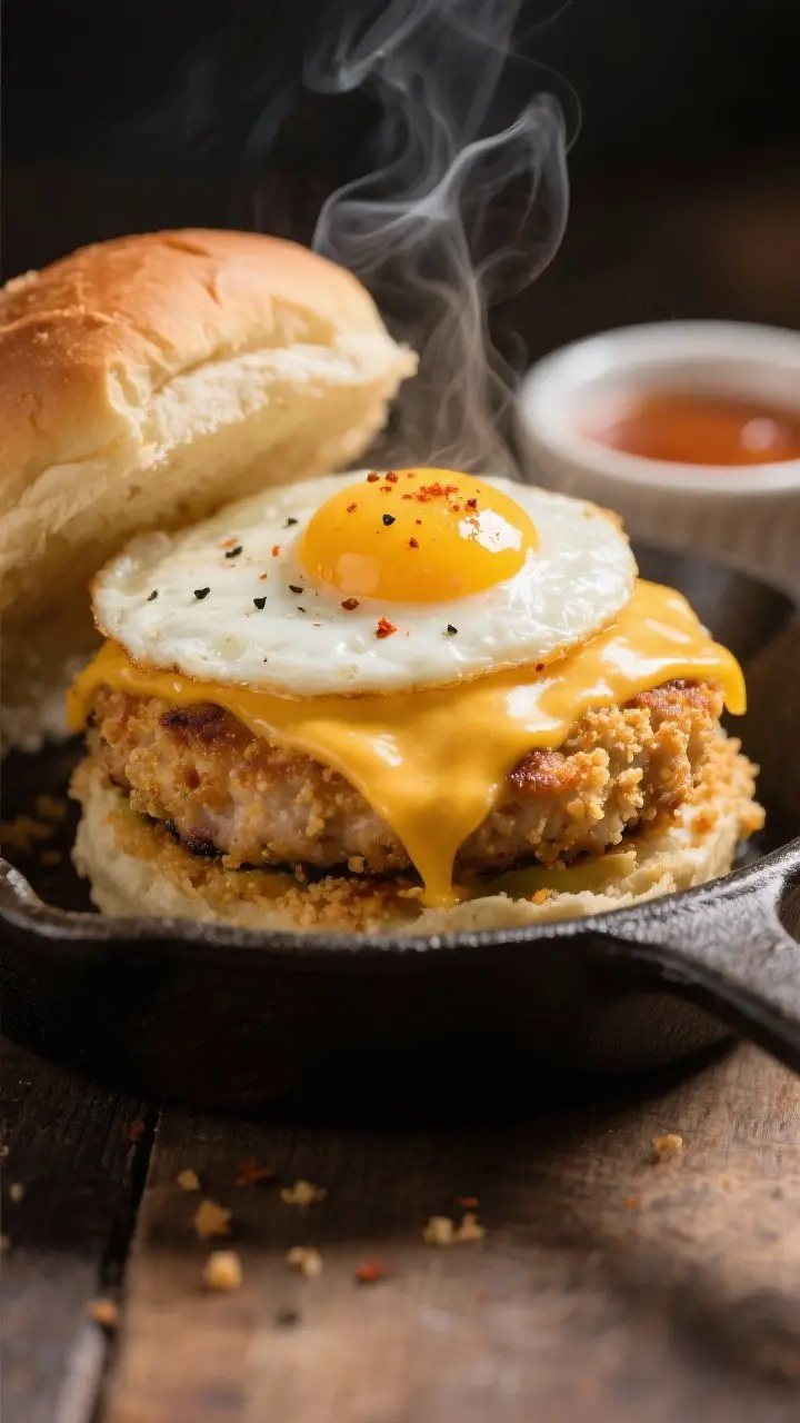 Close-up detail: A melty-cheddar–topped crispy chicken patty just off the skillet, cheese cascadin