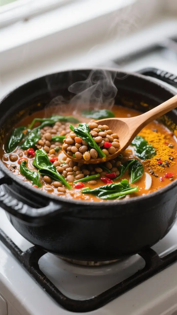 Close-up detail: A simmering pot of lentil and spinach curry mid-cook, showing creamy coconut-tomato