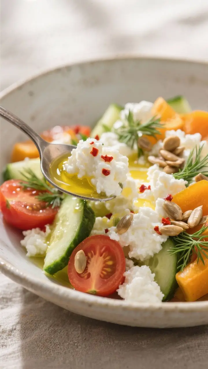 Close-up detail: A spoon scooping through the finished Cottage Cheese Salad, showing creamy small-cu